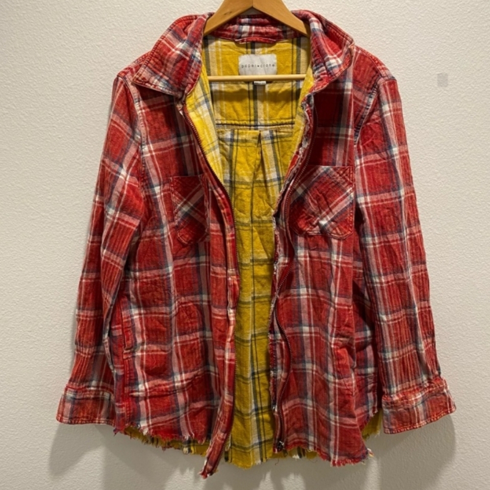 Flannel Jacket, Yellow Inner and Red on Outside; Zip Up;Large, 100% Cotton